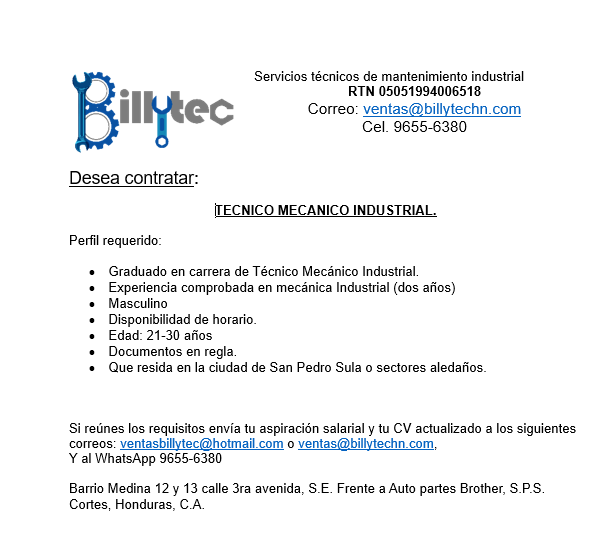 Plaza vacante Tecnico Mecanico Industrial